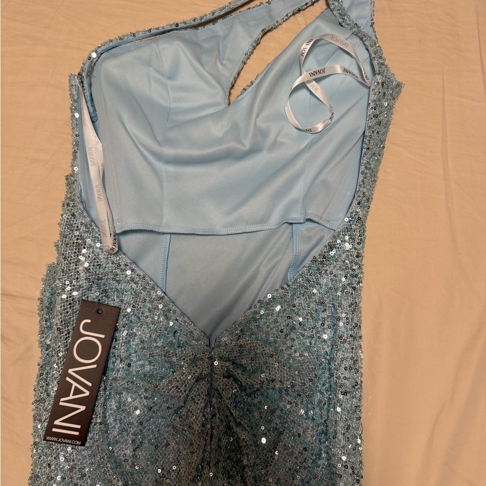 One-Shoulder Sequin Evening Gown in Light Aqua - Picture 3 of 6